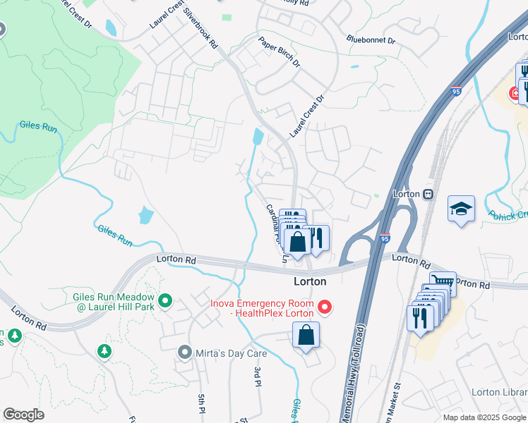 map of restaurants, bars, coffee shops, grocery stores, and more near 9254 Cardinal Forest Lane in Lorton