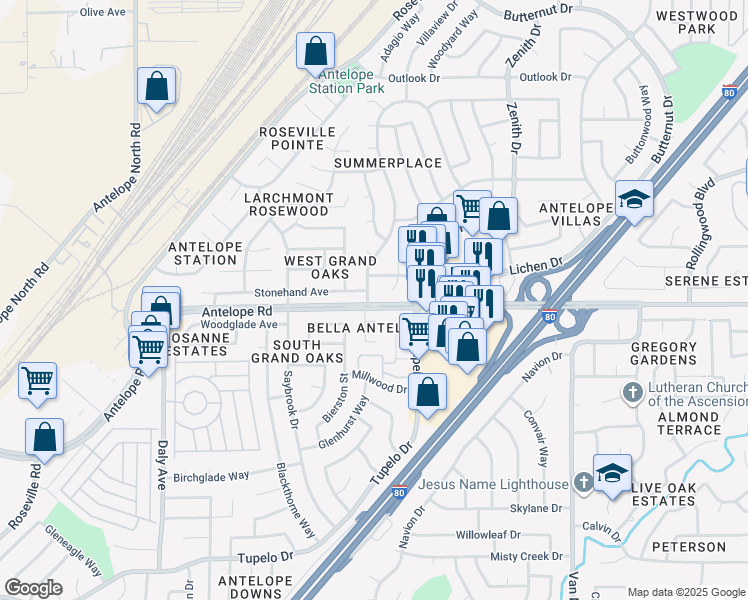 map of restaurants, bars, coffee shops, grocery stores, and more near 7808 Summerplace Drive in Citrus Heights