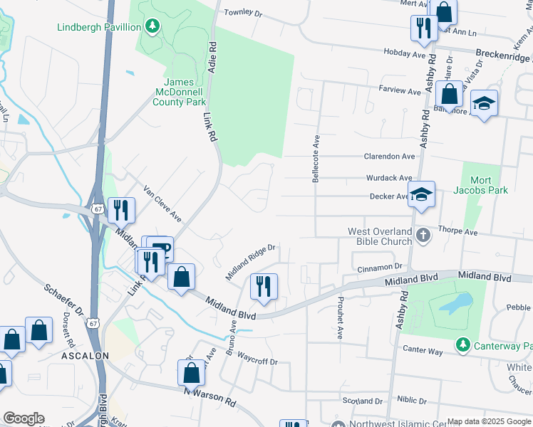 map of restaurants, bars, coffee shops, grocery stores, and more near 2893 West Pasture Drive in St. Louis