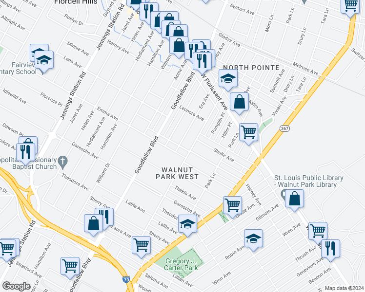 map of restaurants, bars, coffee shops, grocery stores, and more near 5518 Era Avenue in Saint Louis
