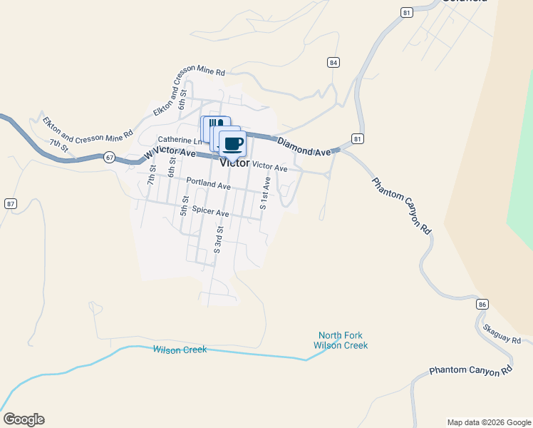 map of restaurants, bars, coffee shops, grocery stores, and more near 224 South 1st Street in Victor