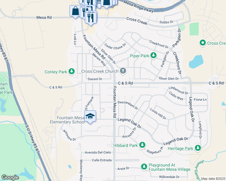 map of restaurants, bars, coffee shops, grocery stores, and more near 596 Corte Hermosa in Fountain