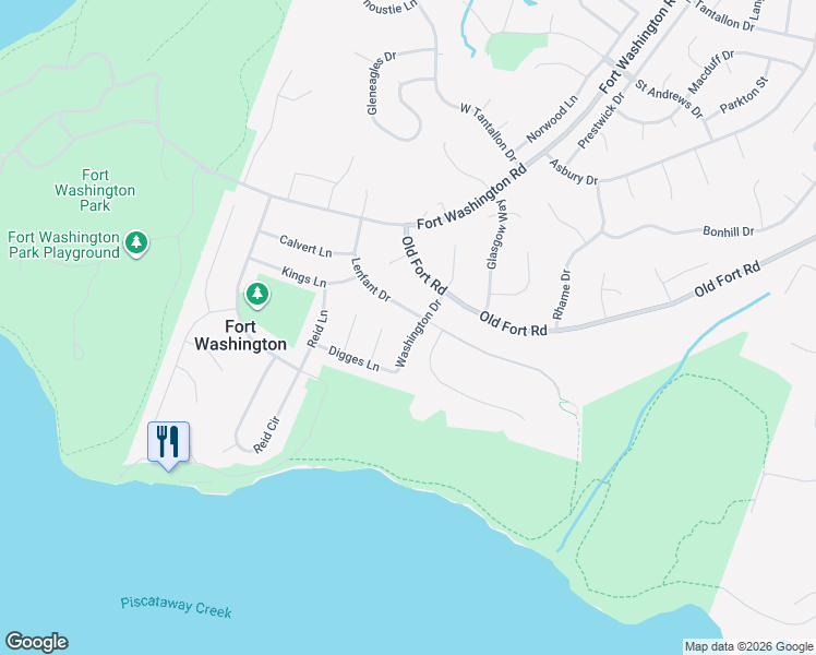 map of restaurants, bars, coffee shops, grocery stores, and more near 13303 Washington Drive in Fort Washington