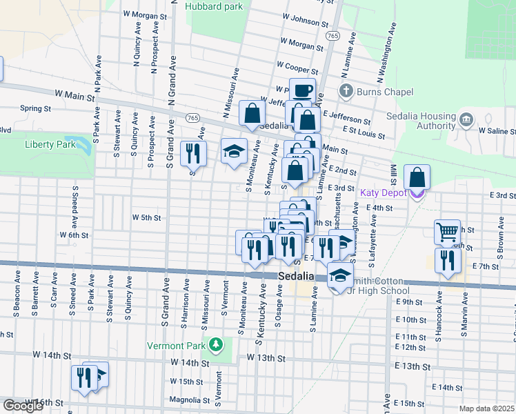 map of restaurants, bars, coffee shops, grocery stores, and more near 317 West 4th Street in Sedalia
