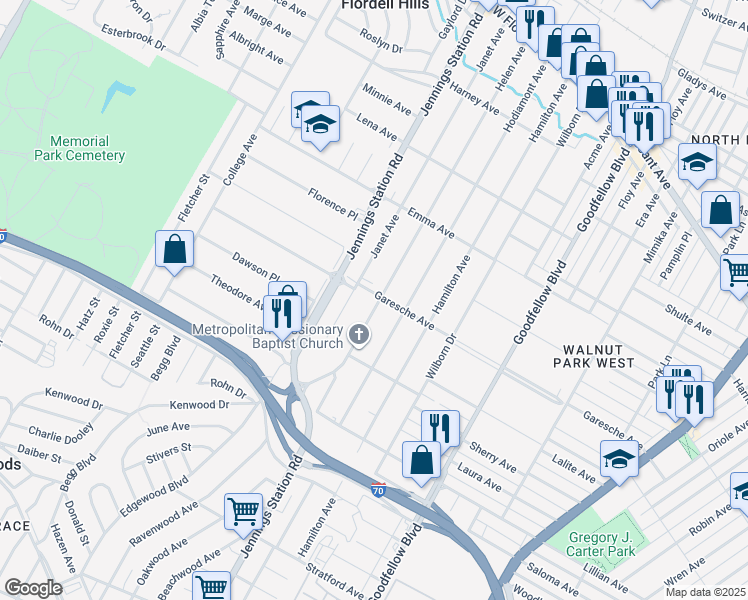 map of restaurants, bars, coffee shops, grocery stores, and more near 5356 Helen Avenue in Jennings