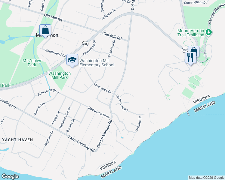map of restaurants, bars, coffee shops, grocery stores, and more near 9215 Cherrytree Drive in Alexandria