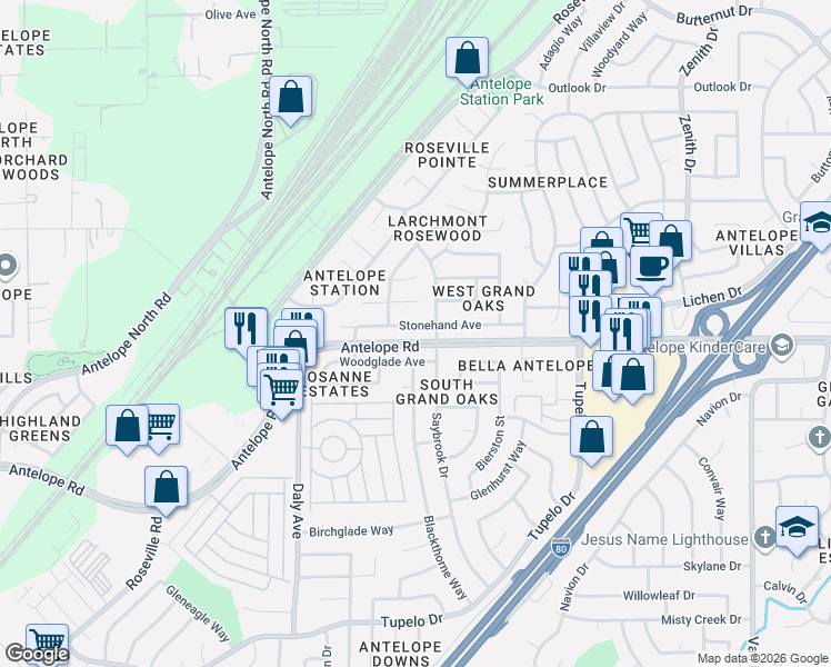 map of restaurants, bars, coffee shops, grocery stores, and more near 6060 Stonehand Avenue in Citrus Heights