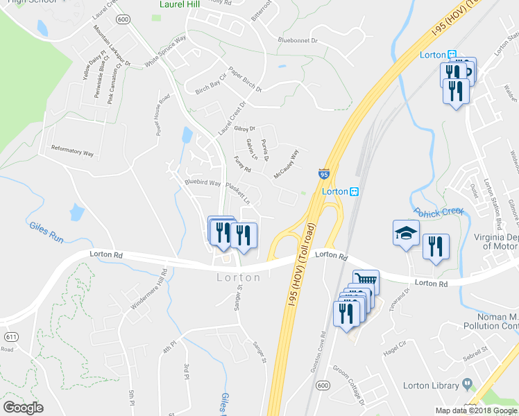 map of restaurants, bars, coffee shops, grocery stores, and more near 8179 Pasture Rose Court in Lorton