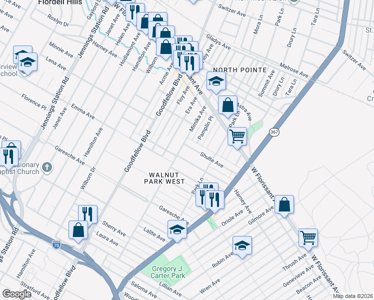 map of restaurants, bars, coffee shops, grocery stores, and more near 6060 Shulte Avenue in St. Louis