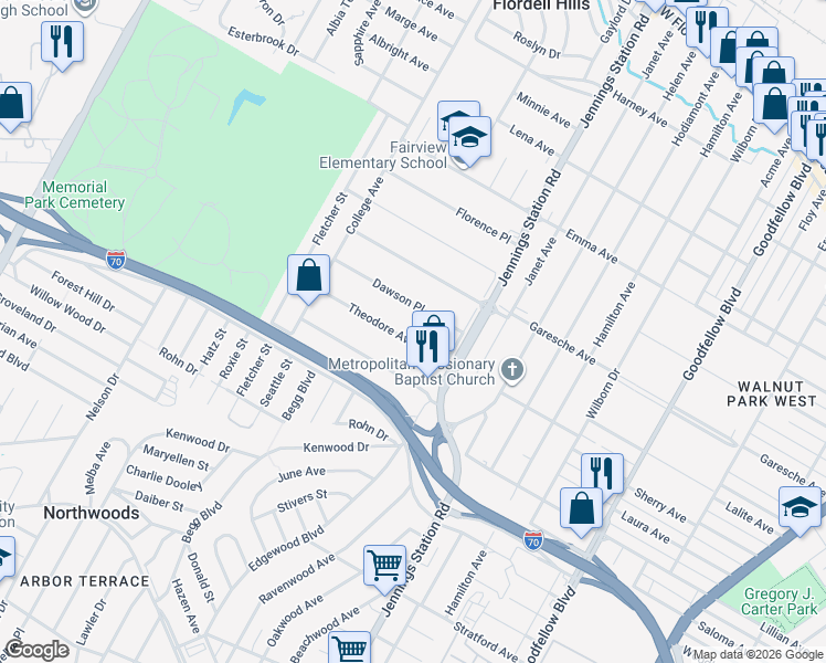 map of restaurants, bars, coffee shops, grocery stores, and more near 7023 Theodore Avenue in Jennings