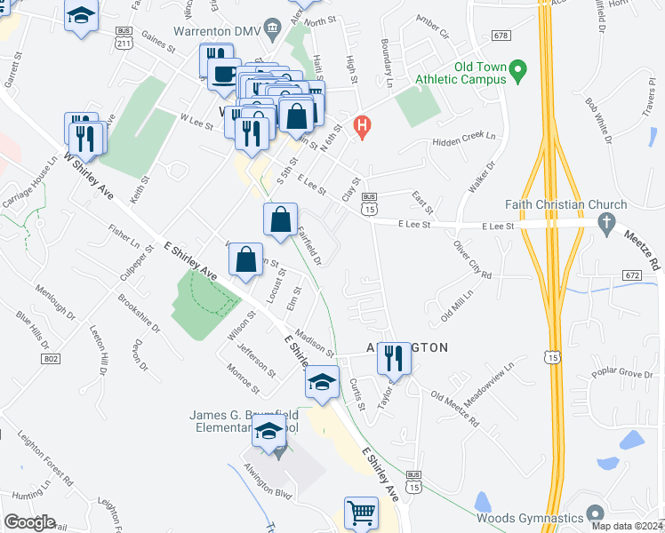 map of restaurants, bars, coffee shops, grocery stores, and more near 254 Fairfield Drive in Warrenton