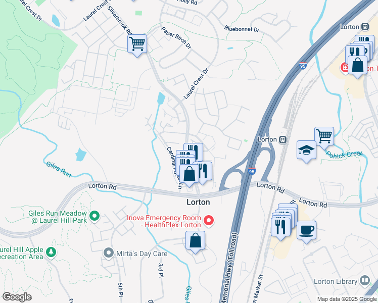 map of restaurants, bars, coffee shops, grocery stores, and more near 9226 Lorton Valley Road in Lorton