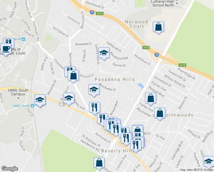 map of restaurants, bars, coffee shops, grocery stores, and more near 7339 Winchester Dr in St Louis
