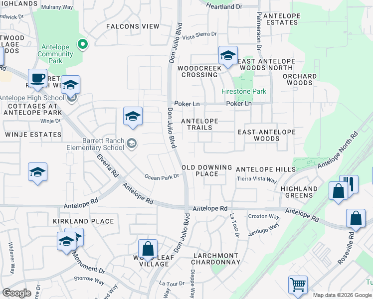 map of restaurants, bars, coffee shops, grocery stores, and more near 5101 Antler Hollow Place in Antelope