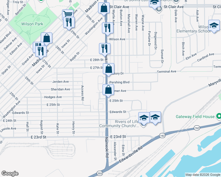 map of restaurants, bars, coffee shops, grocery stores, and more near 2520 Nameoki Road in Granite City