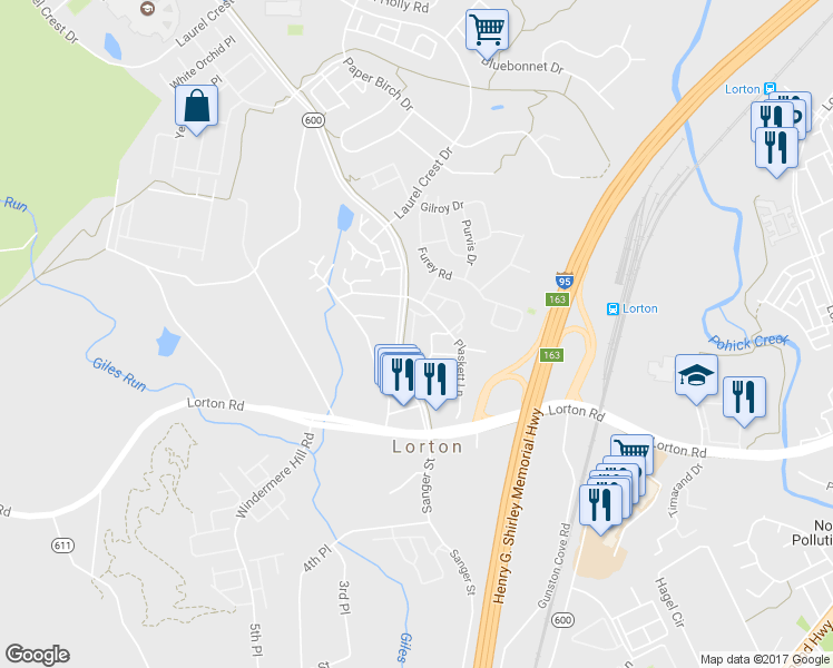map of restaurants, bars, coffee shops, grocery stores, and more near 9223 Lorton Valley Road in Lorton