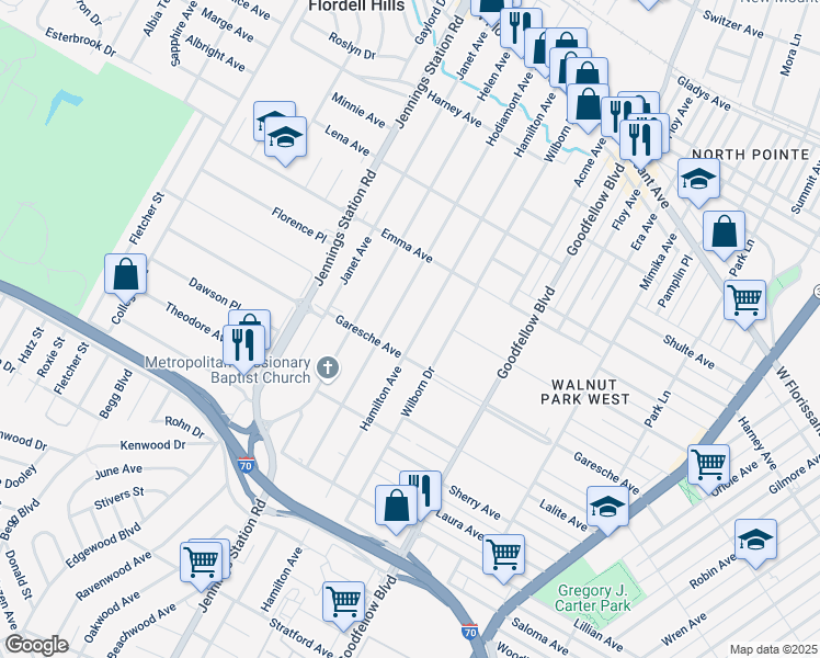 map of restaurants, bars, coffee shops, grocery stores, and more near 5423 Hamilton Avenue in Jennings