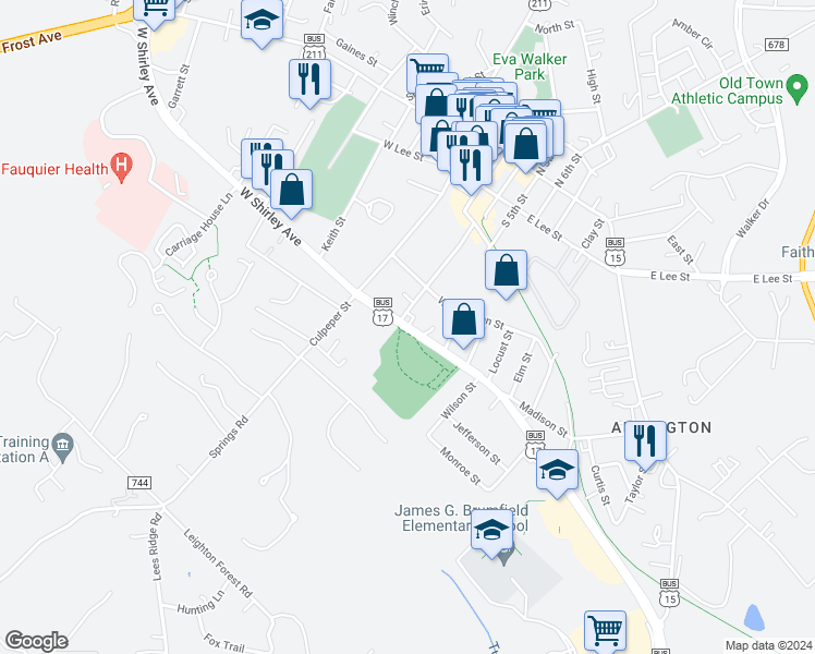 map of restaurants, bars, coffee shops, grocery stores, and more near 67 East Shirley Avenue in Warrenton
