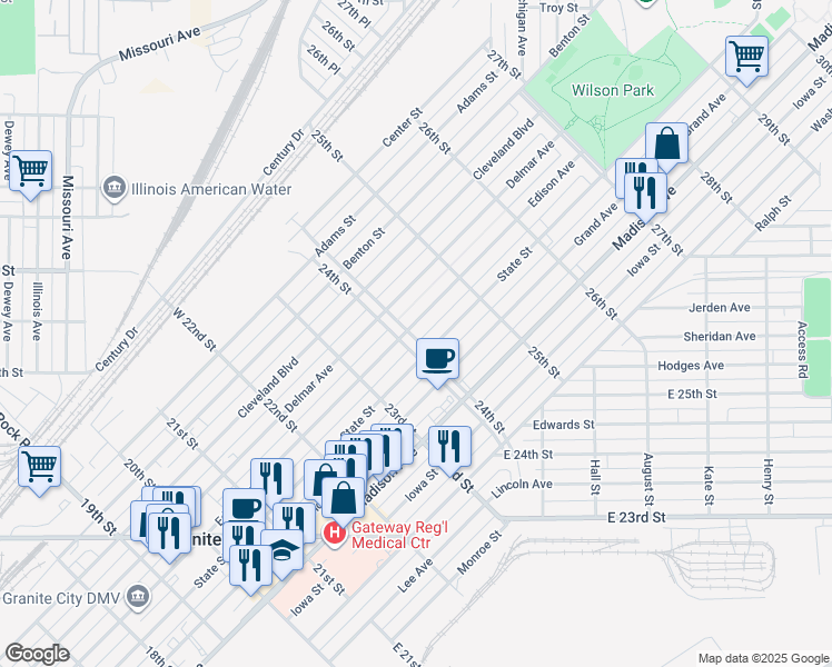 map of restaurants, bars, coffee shops, grocery stores, and more near 2400 Edison Avenue in Granite City