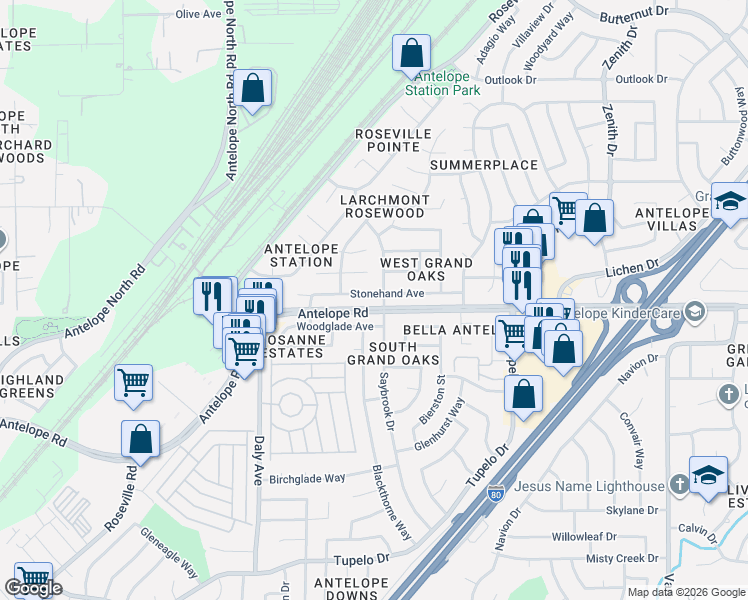 map of restaurants, bars, coffee shops, grocery stores, and more near 6060 Stonehand Avenue in Citrus Heights