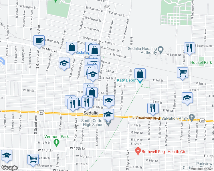 map of restaurants, bars, coffee shops, grocery stores, and more near 301 East 4th Street in Sedalia