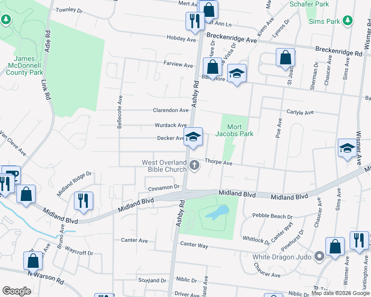 map of restaurants, bars, coffee shops, grocery stores, and more near 2801 Ashby Road in St. Louis