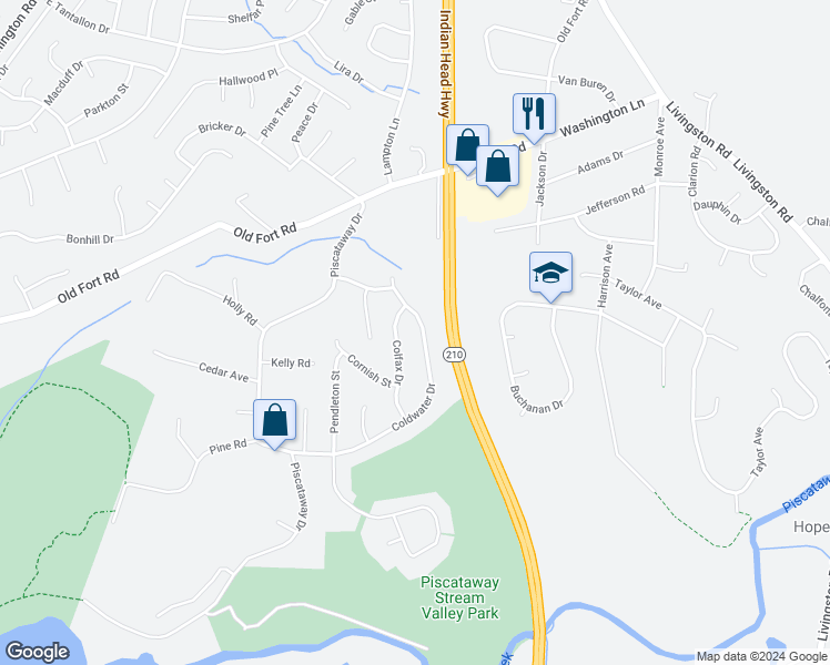 map of restaurants, bars, coffee shops, grocery stores, and more near 13213 Coldwater Drive in Fort Washington