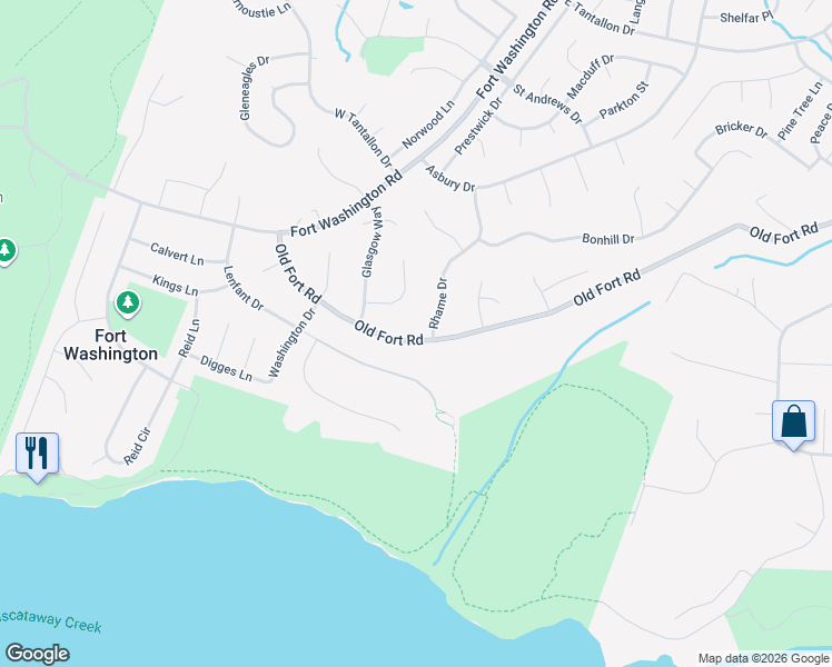 map of restaurants, bars, coffee shops, grocery stores, and more near 13245 Old Fort Road in Fort Washington