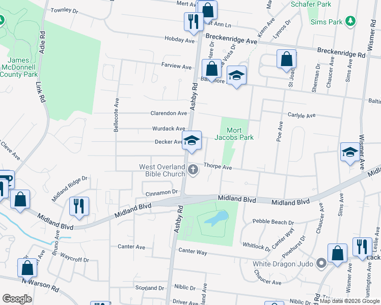 map of restaurants, bars, coffee shops, grocery stores, and more near 2801 Ashby Road in St. Louis