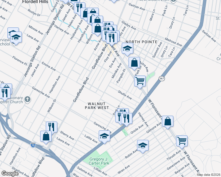 map of restaurants, bars, coffee shops, grocery stores, and more near 6060 Shulte Avenue in St. Louis