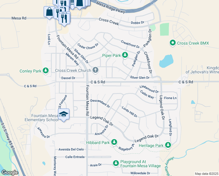 map of restaurants, bars, coffee shops, grocery stores, and more near 7225 Josh Byers Way in Fountain