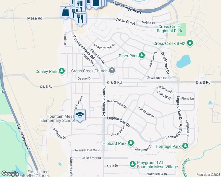 map of restaurants, bars, coffee shops, grocery stores, and more near 7115 Josh Byers Way in Fountain