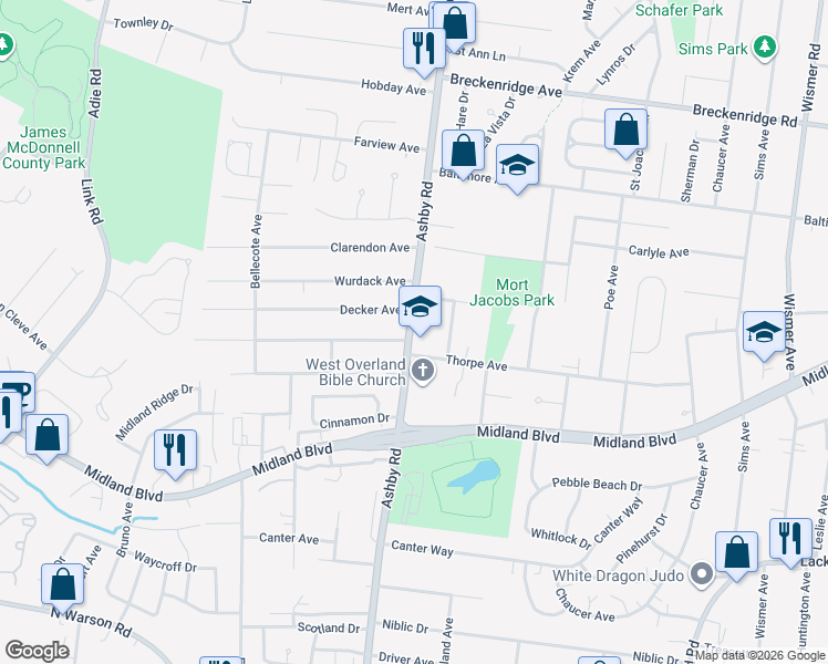 map of restaurants, bars, coffee shops, grocery stores, and more near 2801 Ashby Road in St. Louis