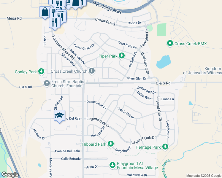 map of restaurants, bars, coffee shops, grocery stores, and more near 7265 Josh Byers Way in Fountain
