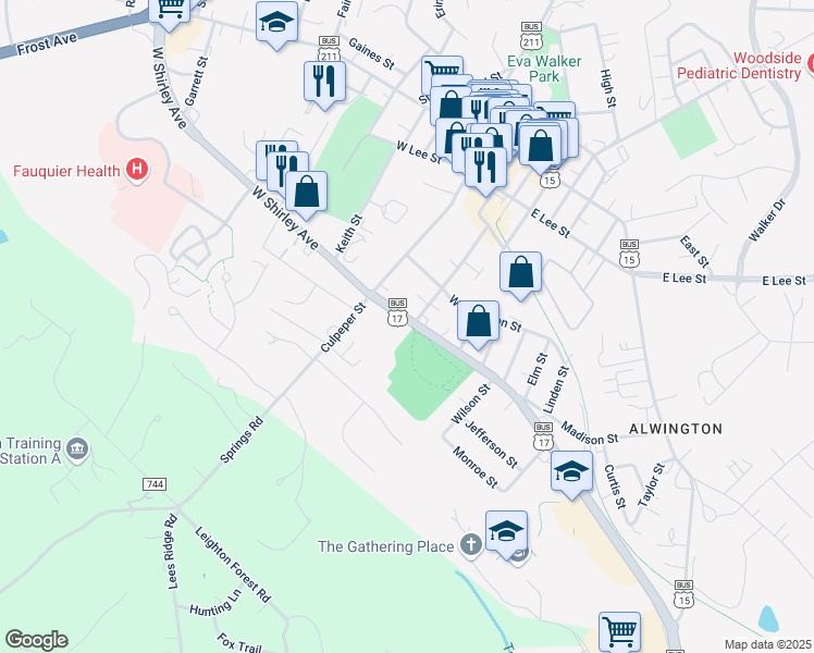 map of restaurants, bars, coffee shops, grocery stores, and more near 54 East Shirley Avenue in Warrenton