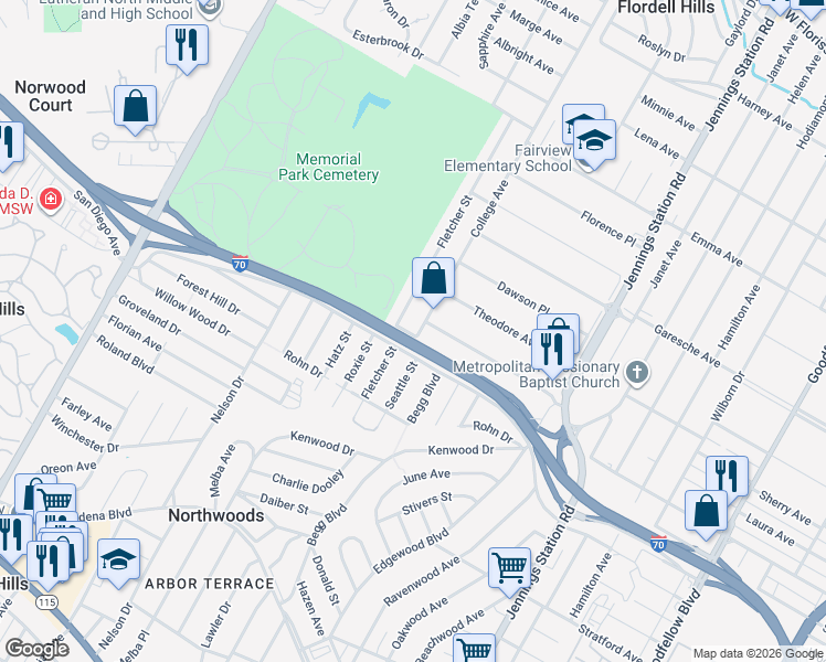 map of restaurants, bars, coffee shops, grocery stores, and more near 5209 College Avenue in Jennings