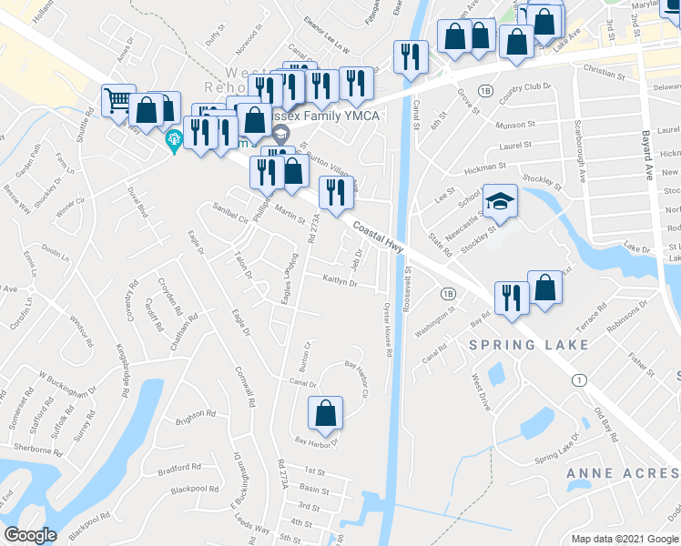 map of restaurants, bars, coffee shops, grocery stores, and more near 37493 Kaitlyn Drive in Dewey Beach