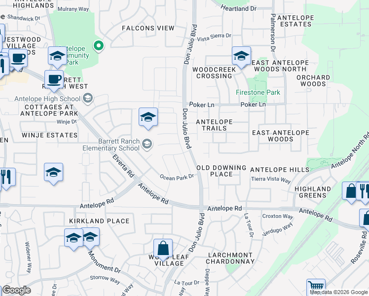 map of restaurants, bars, coffee shops, grocery stores, and more near 5101 Antler Hollow Place in Antelope