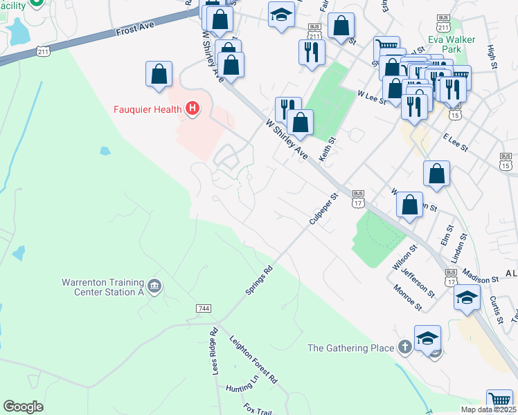 map of restaurants, bars, coffee shops, grocery stores, and more near 107 English Chase Lane in Warrenton