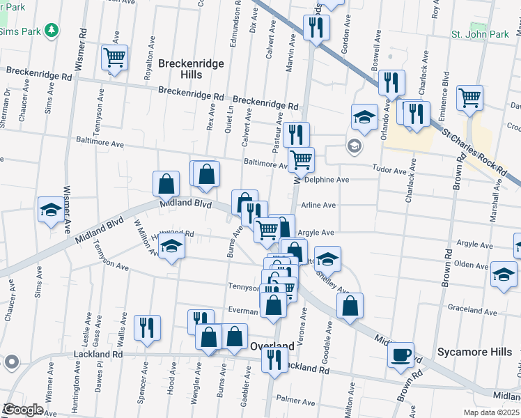 map of restaurants, bars, coffee shops, grocery stores, and more near 2719 Pasteur Avenue in Overland