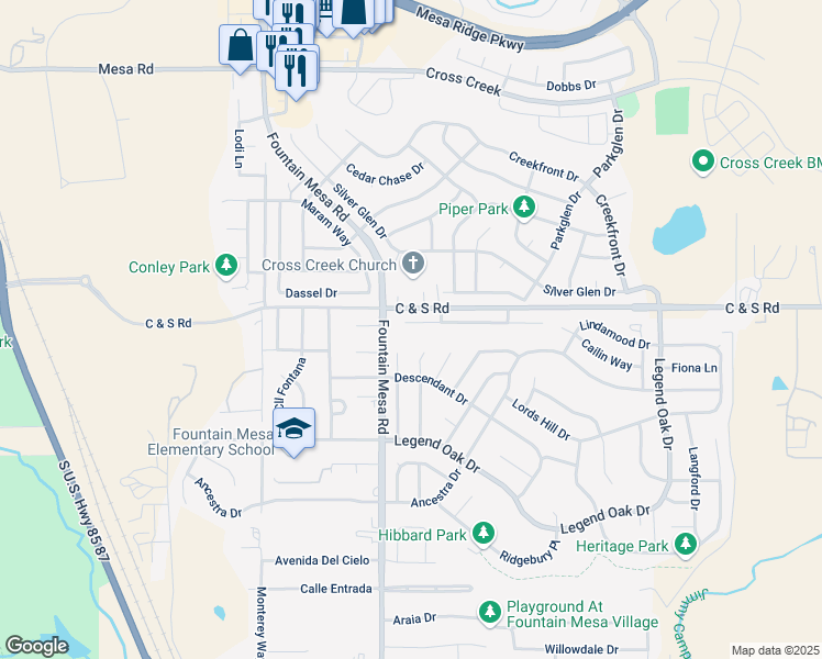 map of restaurants, bars, coffee shops, grocery stores, and more near 7125 Josh Byers Way in Fountain