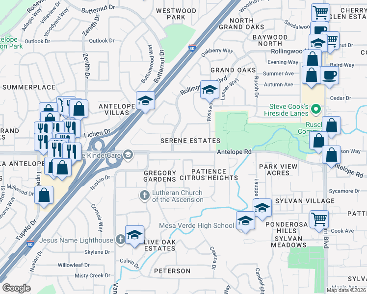 map of restaurants, bars, coffee shops, grocery stores, and more near 7100 Parish Way in Citrus Heights