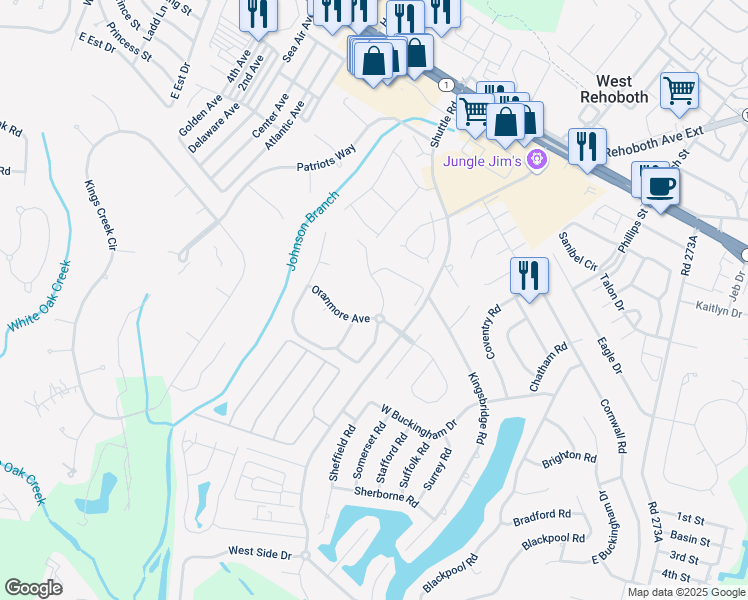 map of restaurants, bars, coffee shops, grocery stores, and more near 2 Oranmore Avenue in Rehoboth Beach