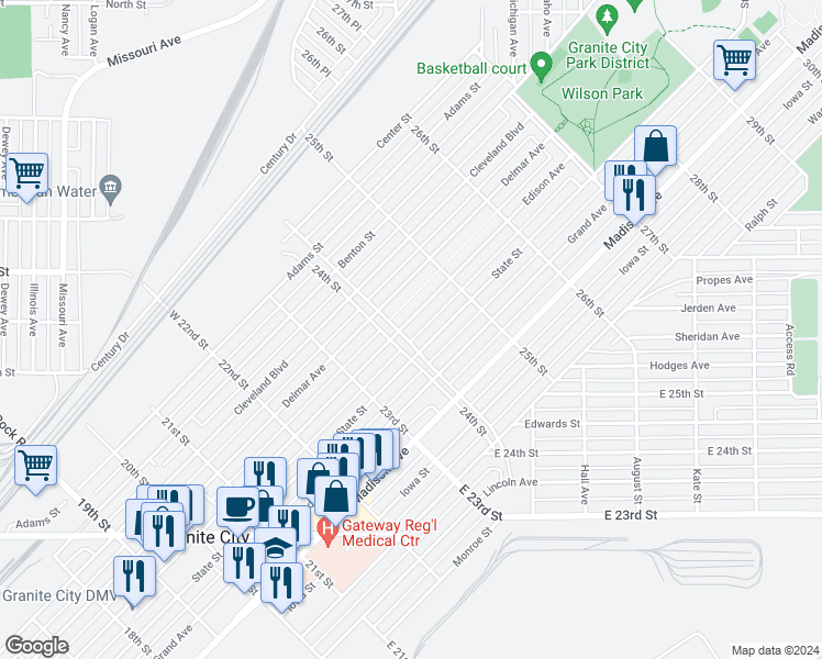 map of restaurants, bars, coffee shops, grocery stores, and more near 2406 Edison Avenue in Granite City