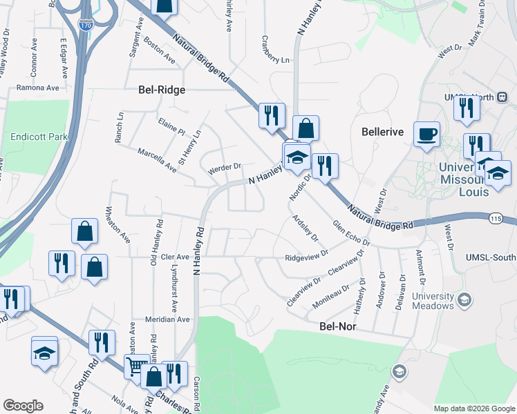 map of restaurants, bars, coffee shops, grocery stores, and more near 3102 Thelma Avenue in St. Louis