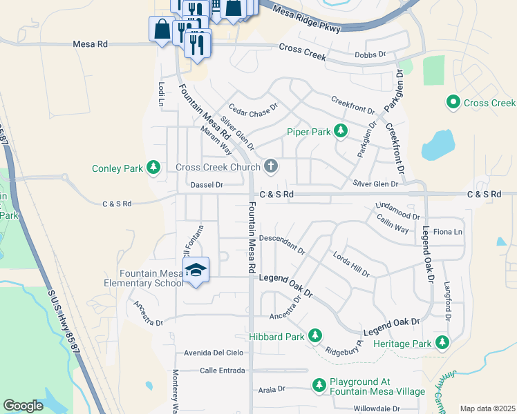 map of restaurants, bars, coffee shops, grocery stores, and more near 596 Corte Hermosa in Fountain