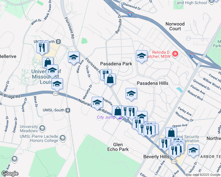 map of restaurants, bars, coffee shops, grocery stores, and more near 308 North Hills Drive in St. Louis