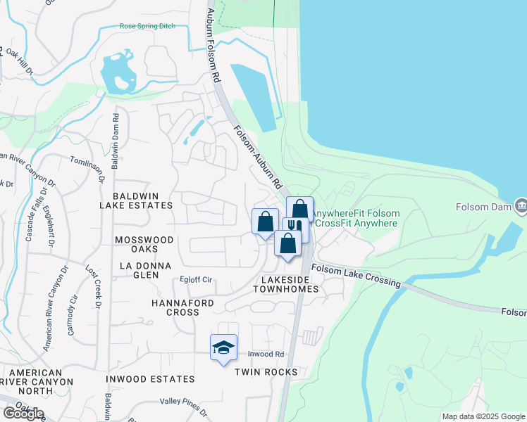 map of restaurants, bars, coffee shops, grocery stores, and more near 416 Lakeside Way in Folsom