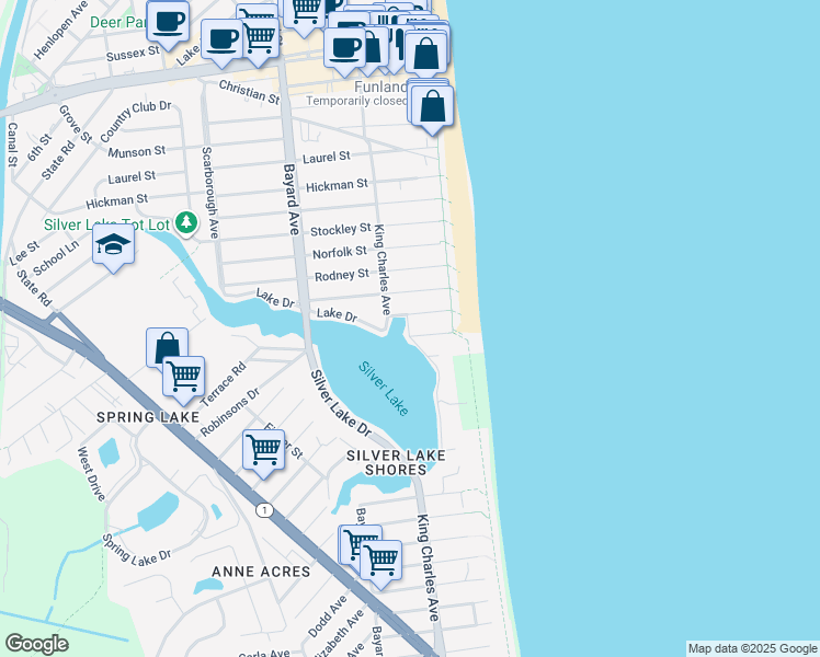 map of restaurants, bars, coffee shops, grocery stores, and more near 96 East Lake Drive in Rehoboth Beach