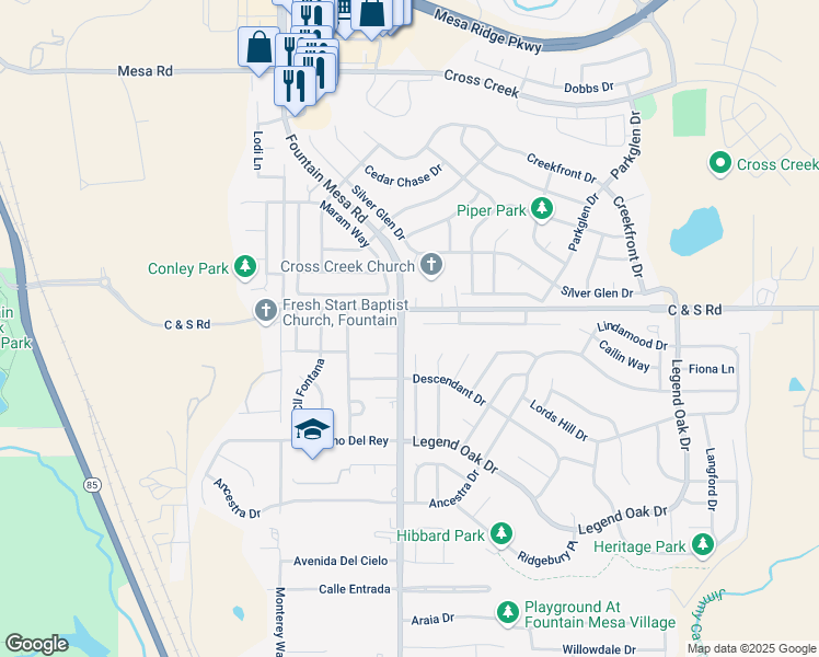 map of restaurants, bars, coffee shops, grocery stores, and more near 2144 Fountain Mesa Road in Fountain